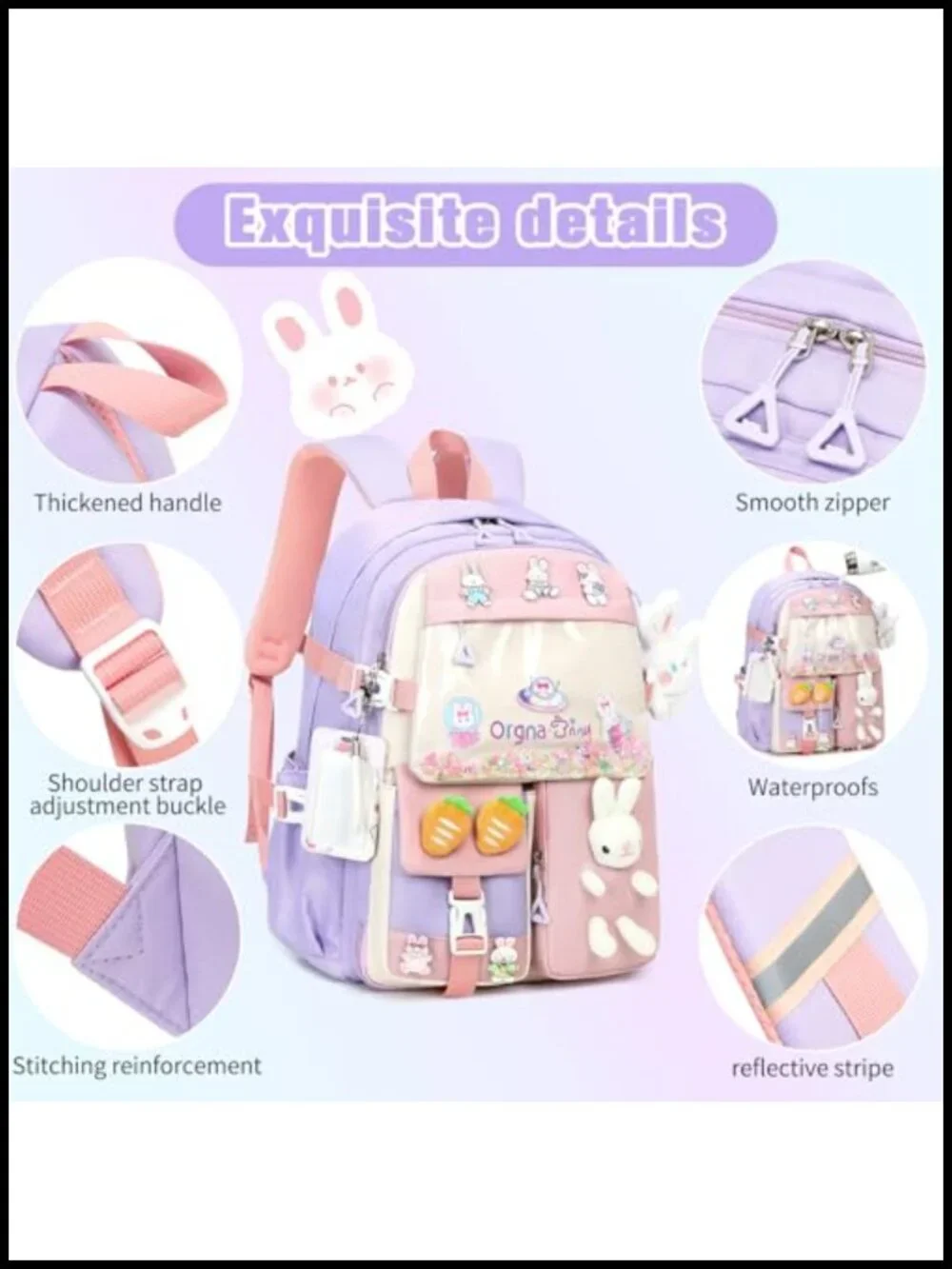 Girls Backpack Set with Lunch Box Pencil Case, Kawaii Bunny, Waterproof Nylon,